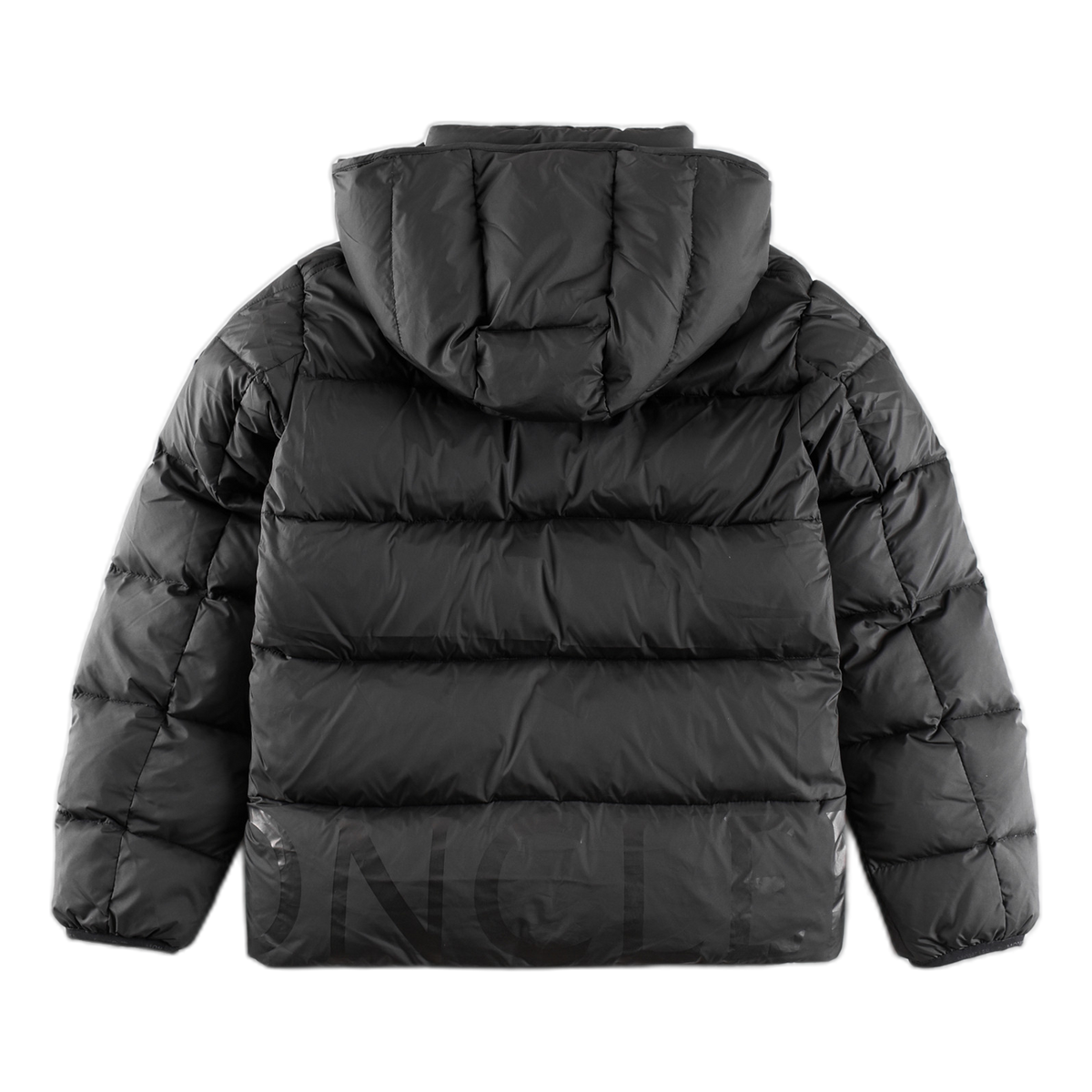 Moncler Black Down Puffer Jacket with Logo Hood and Contrast Lining