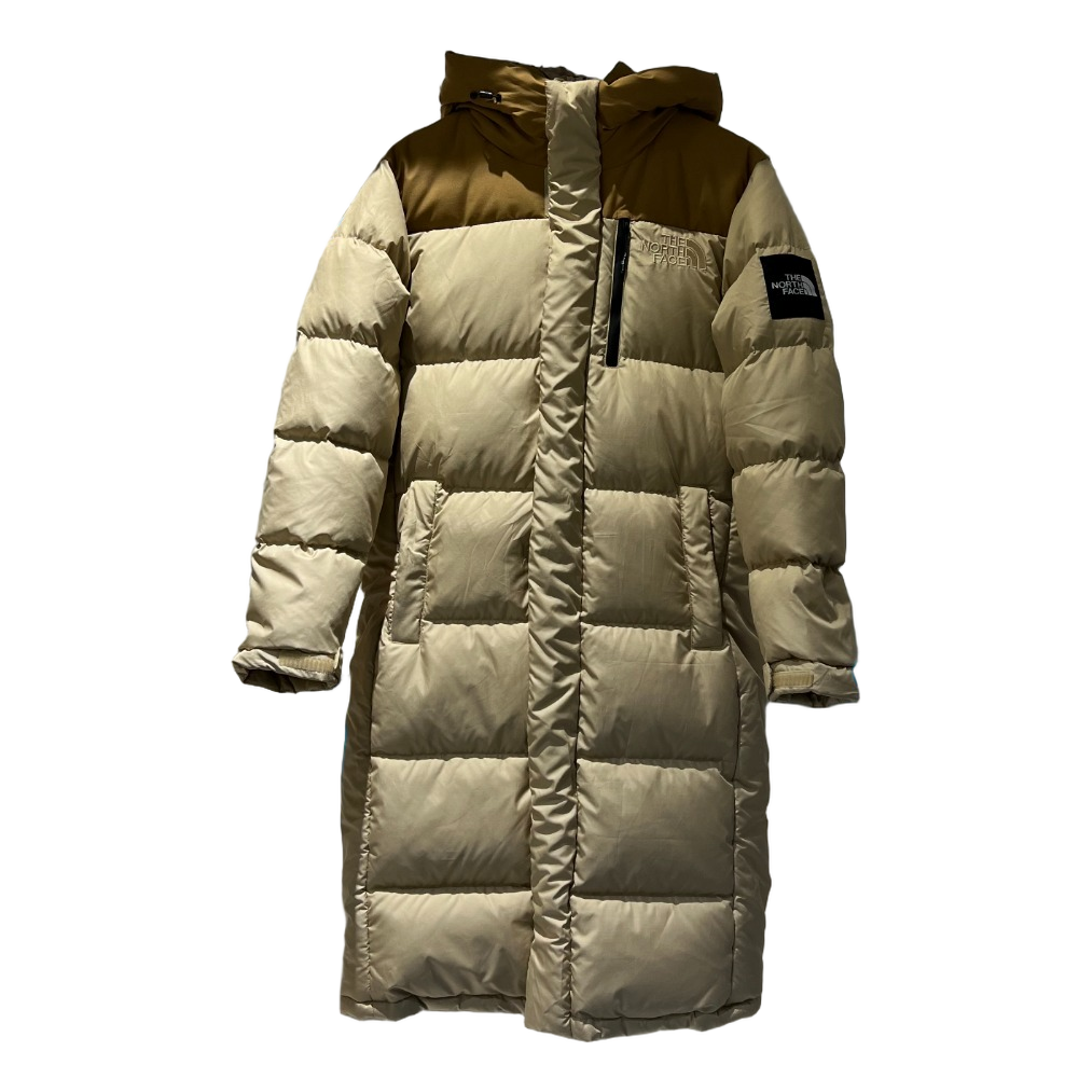 The North Face Color-Block Long Hooded Down Coat in Tan