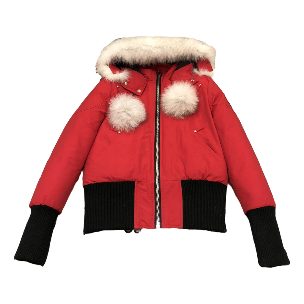 Moose Knuckles Debbie Pom-Pom Hooded Down Bomber Jacket in Red