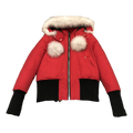 Moose Knuckles Debbie Pom-Pom Hooded Down Bomber Jacket in Red