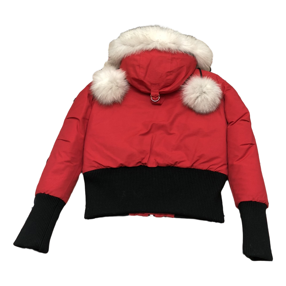 Moose Knuckles Debbie Pom-Pom Hooded Down Bomber Jacket in Red