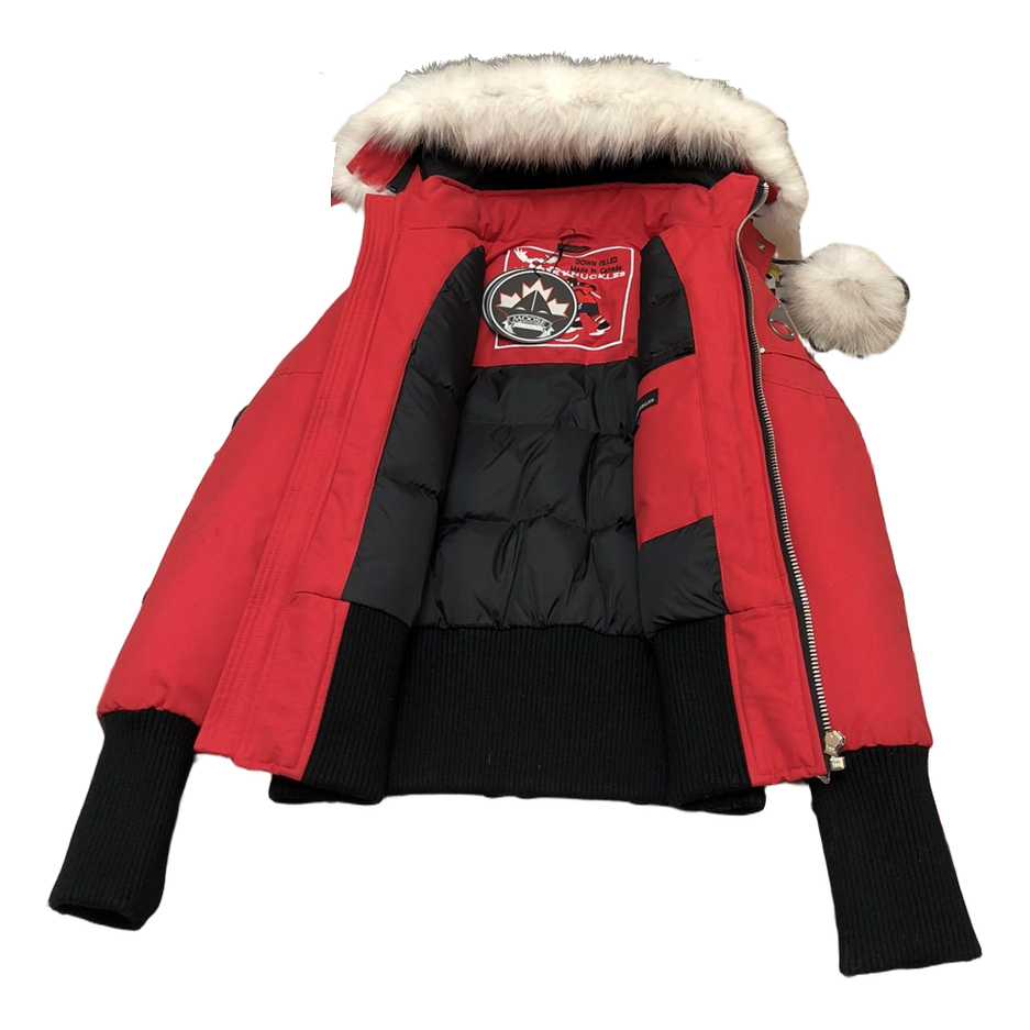 Moose Knuckles Debbie Pom-Pom Hooded Down Bomber Jacket in Red