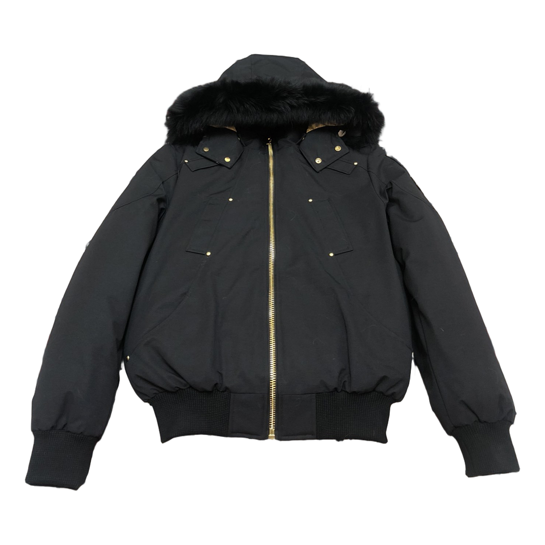 Moose Knuckles Gold Ballistic Fur-Trim Down Bomber Jacket in Black