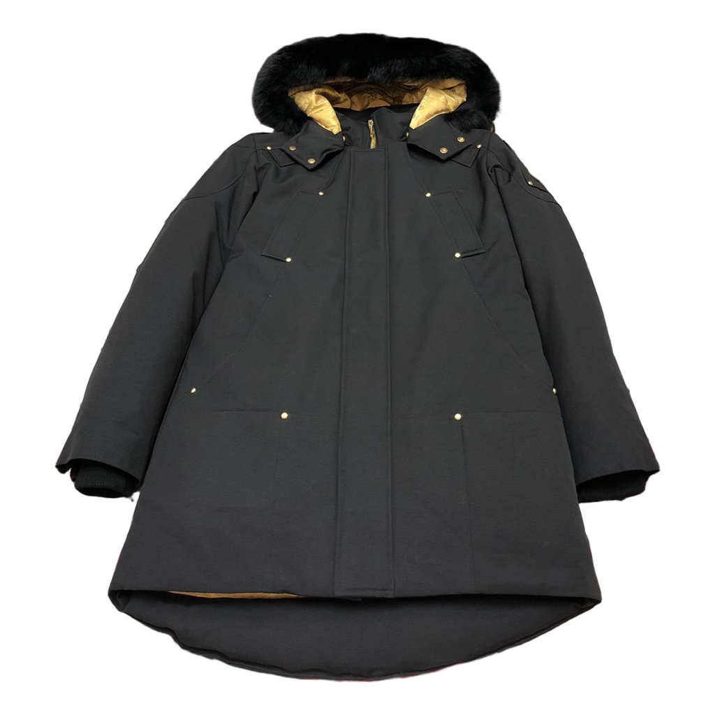 Moose Knuckles Gold-Lined Long Down Parka with Fur-Trim Hood in Black