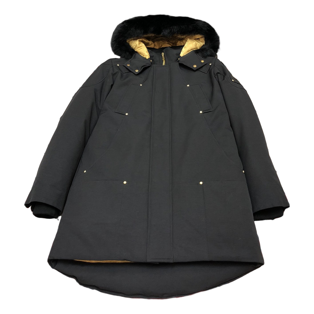 Moose Knuckles Gold-Lined Long Down Parka with Fur-Trim Hood in Black