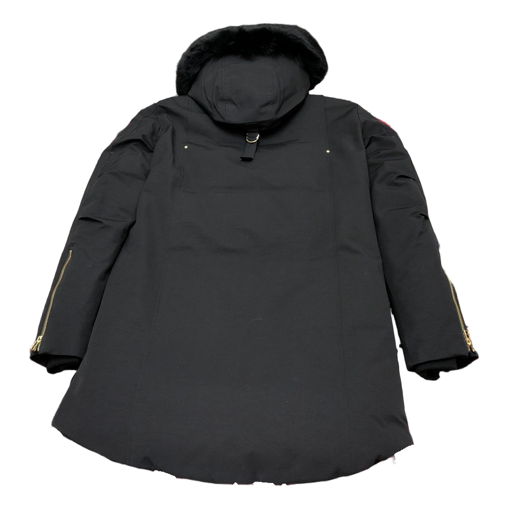 Moose Knuckles Gold-Lined Long Down Parka with Fur-Trim Hood in Black