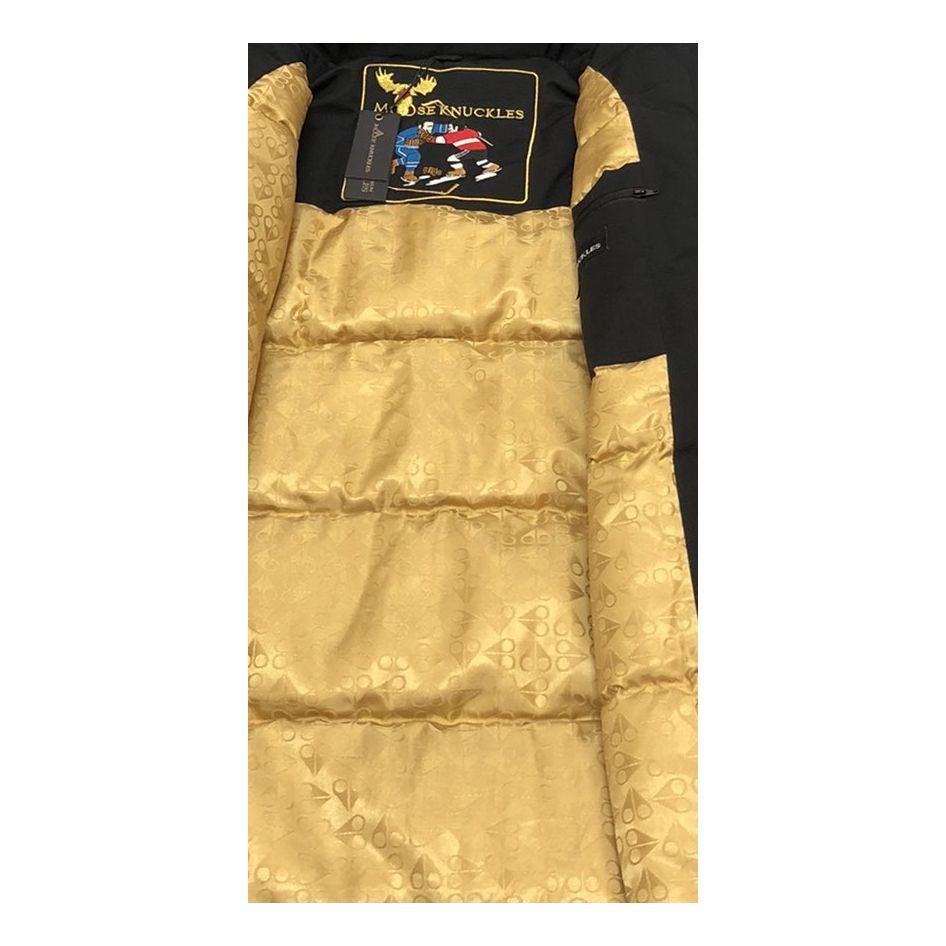 Moose Knuckles Gold-Lined Long Down Parka with Fur-Trim Hood in Black