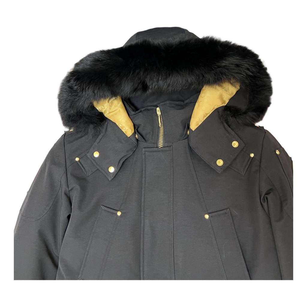 Moose Knuckles Gold-Lined Long Down Parka with Fur-Trim Hood in Black