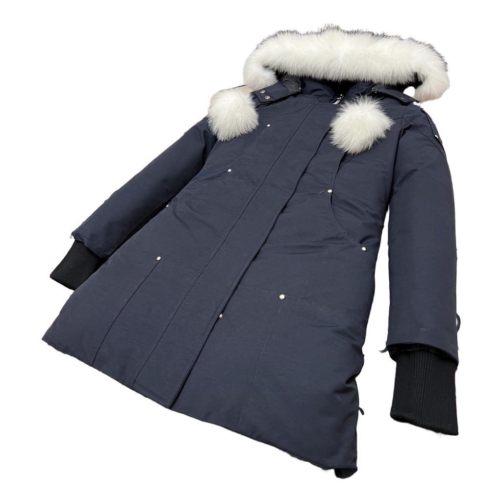 Moose Knuckles Stirling Down Parka with Pom-Pom Fur-Trim Hood in Navy