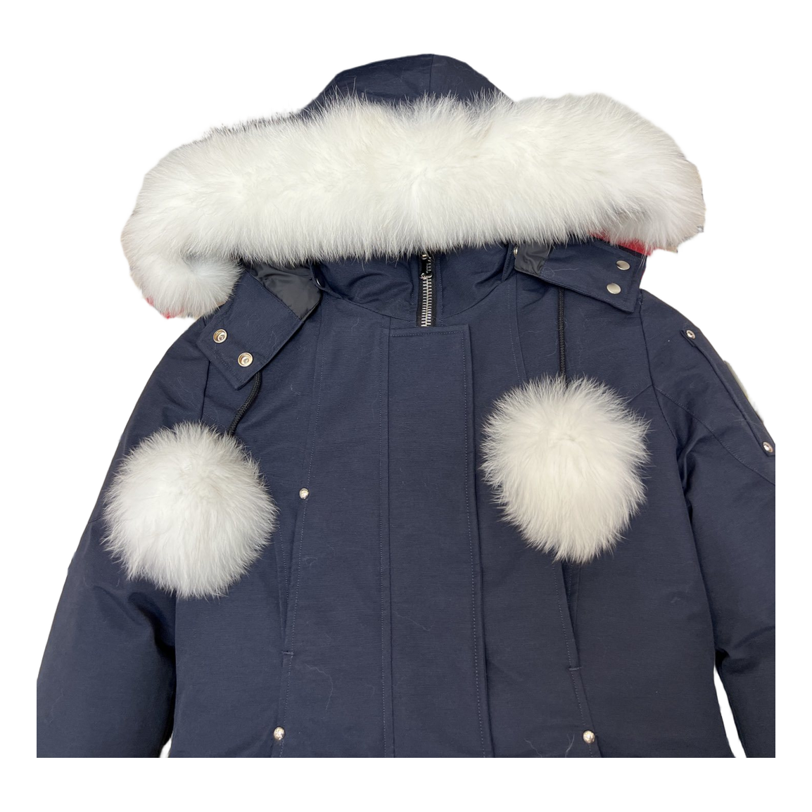 Moose Knuckles Stirling Down Parka with Pom-Pom Fur-Trim Hood in Navy