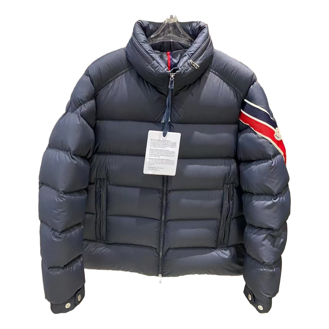 Moncler Tricolour Sleeve-Band Stand-Collar Down Puffer Jacket in Navy