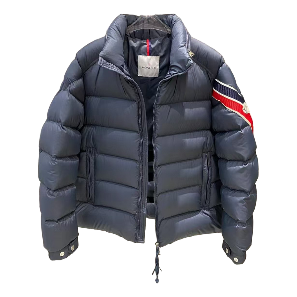 Moncler Tricolour Sleeve-Band Stand-Collar Down Puffer Jacket in Navy