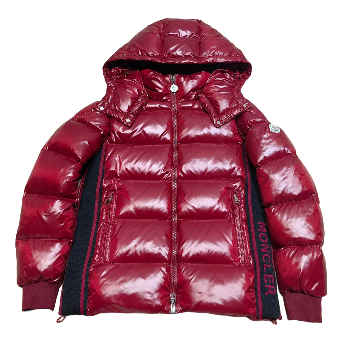 Moncler Glossy Red Hooded Down Puffer Jacket with Logo Zip
