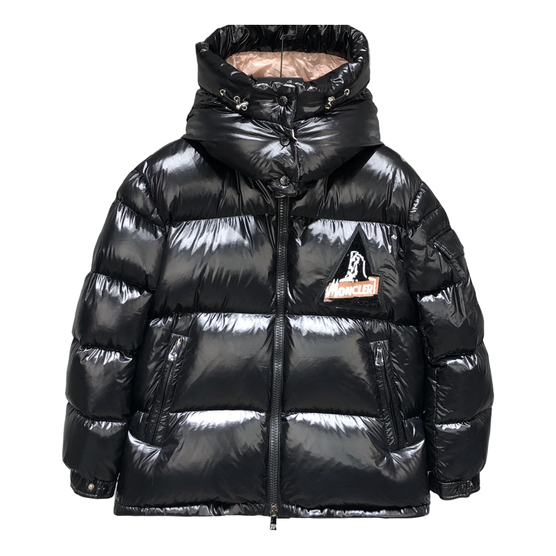 Moncler Mountain-Badge Glossy Short Down Puffer Jacket in Black