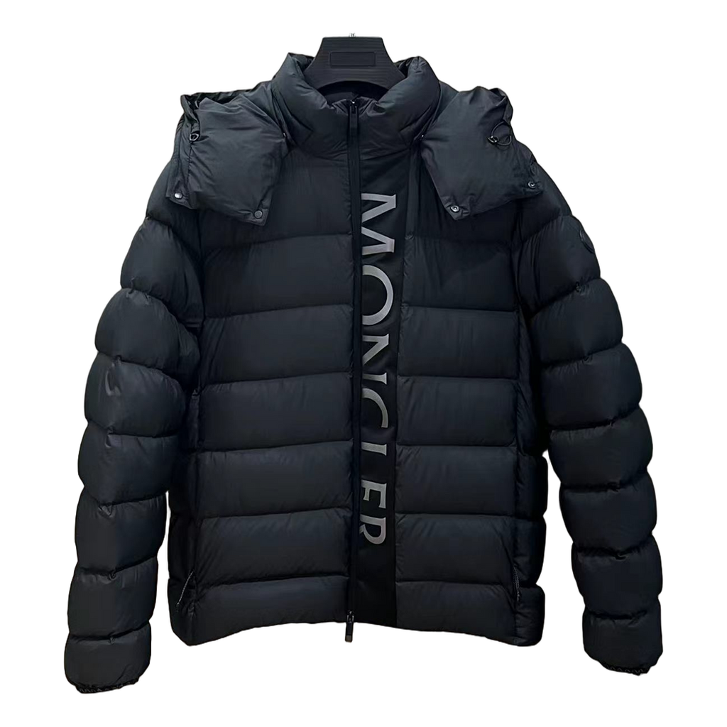 Moncler Vertical-Logo Hooded Down Puffer Jacket in Black