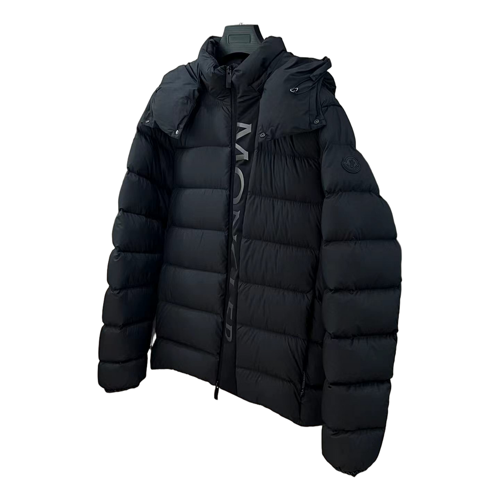 Moncler Vertical-Logo Hooded Down Puffer Jacket in Black
