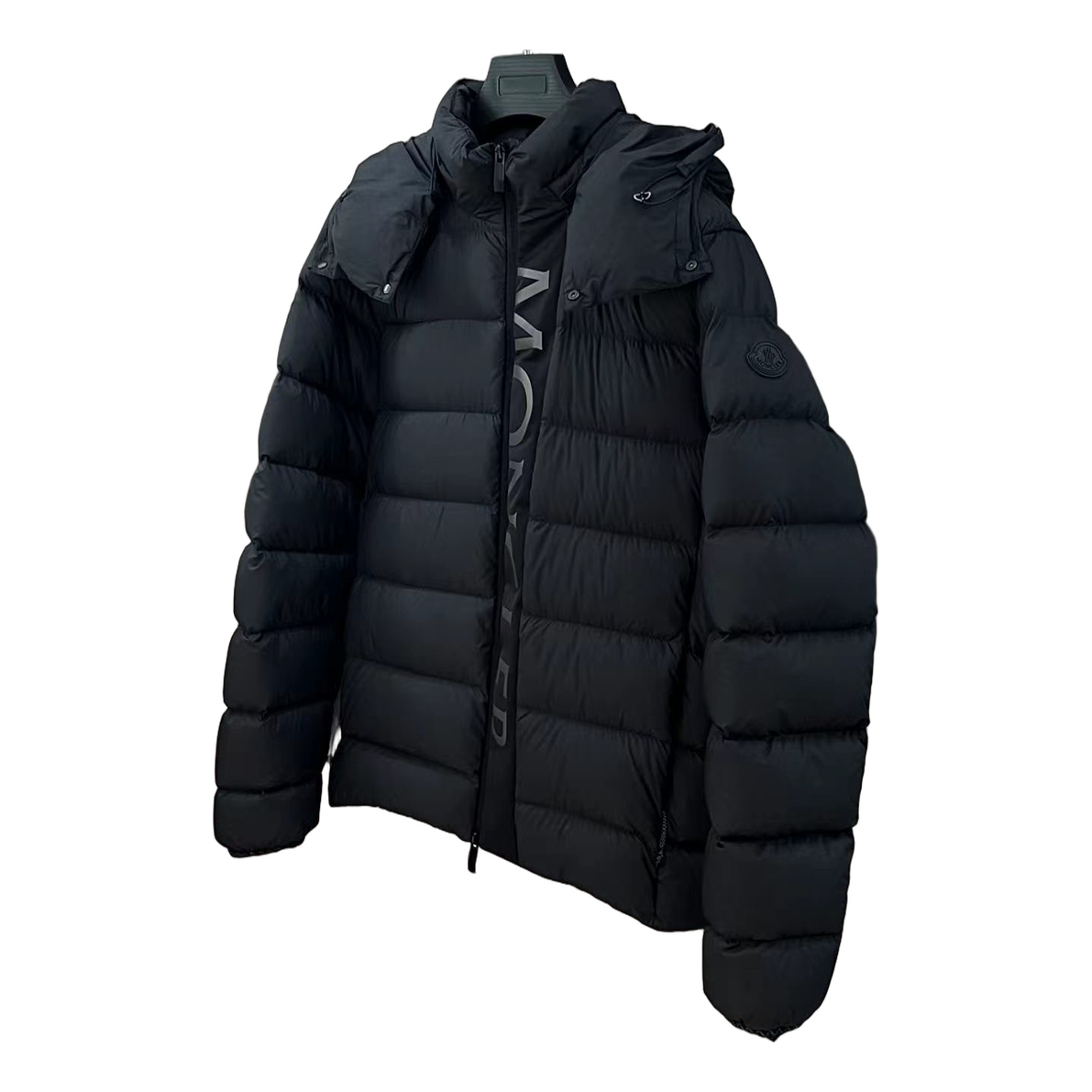 Moncler Vertical-Logo Hooded Down Puffer Jacket in Black