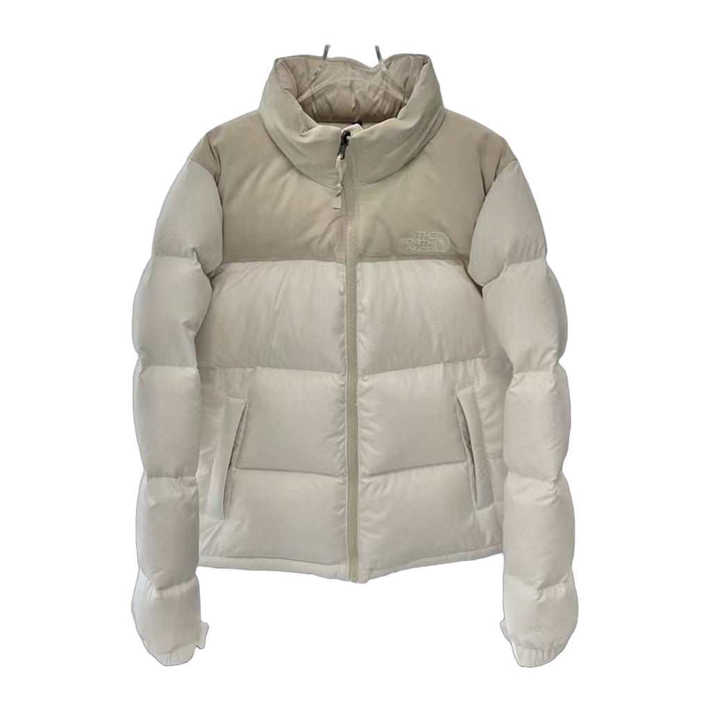 The North Face Cropped Puffer Jacket with Stand Collar in Cream
