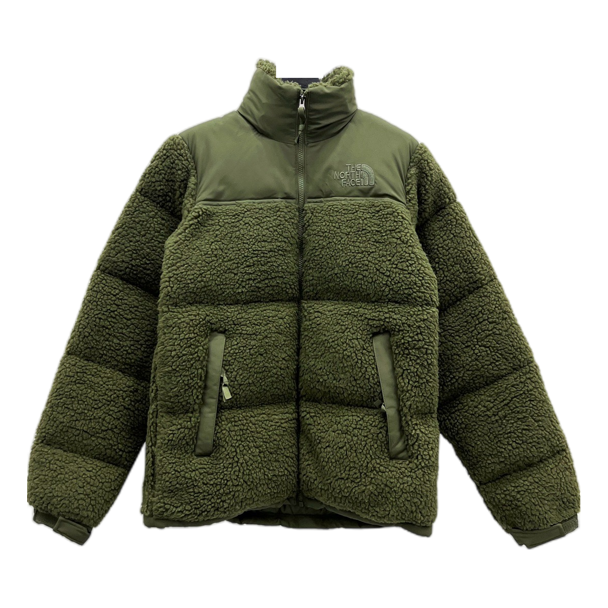 The North Face Fleece-Panel Puffer Jacket with Stand Collar in Olive