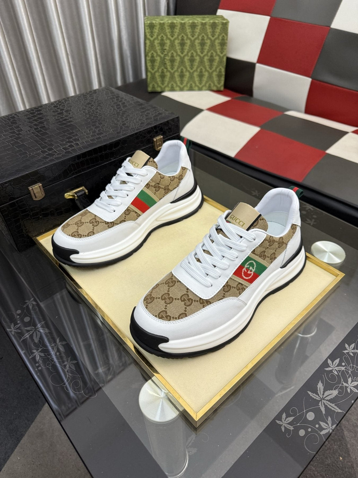 Gucci Men's Monogram Stripe Low-Top Sneakers - Layered Rubber Sole